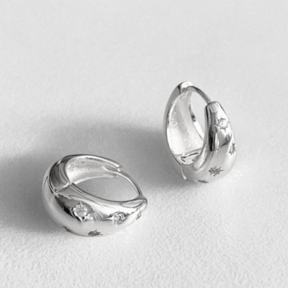 Silver Celestial Huggie Hoop CZ Earrings